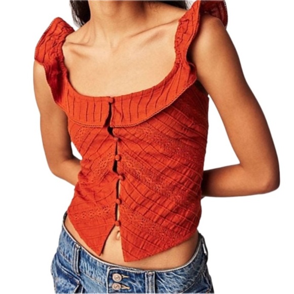 FREE PEOPLE Orange Sleeveless Ruffled Blouse - Picture 1 of 9